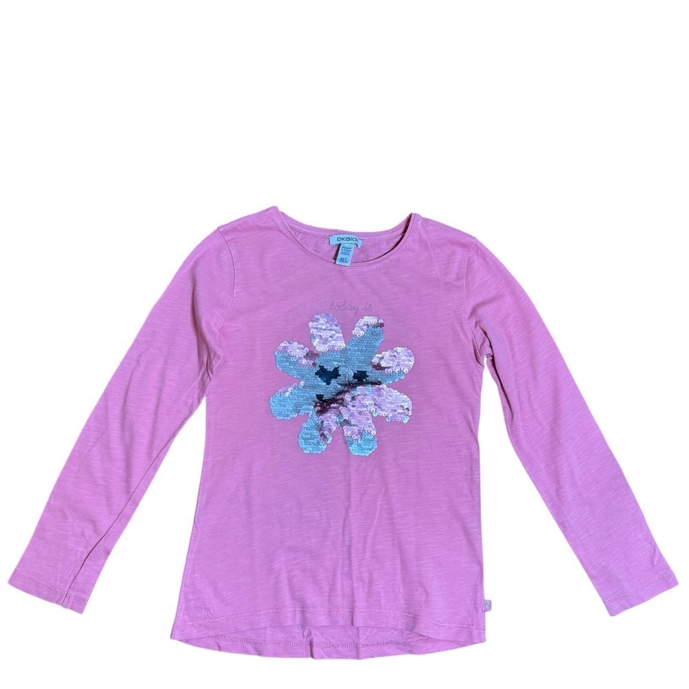 Okaïdi Girls Pink Sequin Flower Graphic Long Sleeve Cotton Top | Size 8Y
